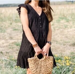 LOFT Black Cotton Dress Eyelet Embroidery Flutter Sleeves Tiered Swing  Sz.2